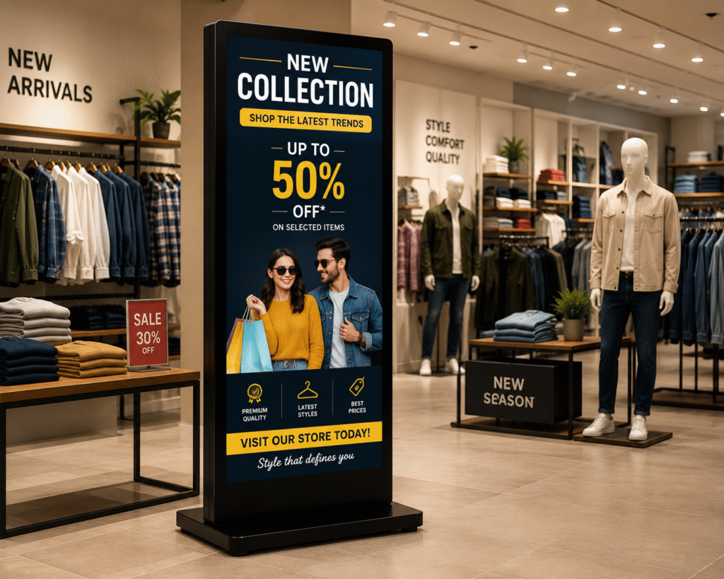 Digital Standee installed in a retail store for product promotions in Delhi